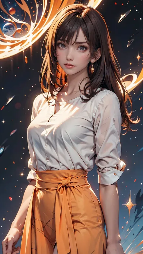  girl,  brown-haired ,  orange eyes, Arms crossed, In the middle of the universe, (( anime style)),  white shirt, Gentle colors,  colorful background,  Space Background Radiation ,  soft strokes