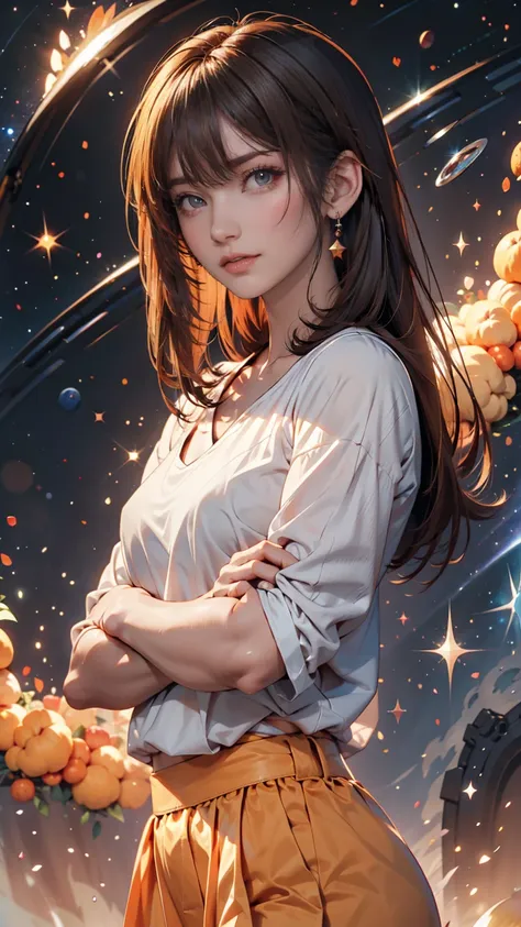  girl,  brown-haired ,  orange eyes, Arms crossed, In the middle of the universe, (( anime style)),  white shirt, Gentle colors,  colorful background,  Space Background Radiation ,  soft strokes