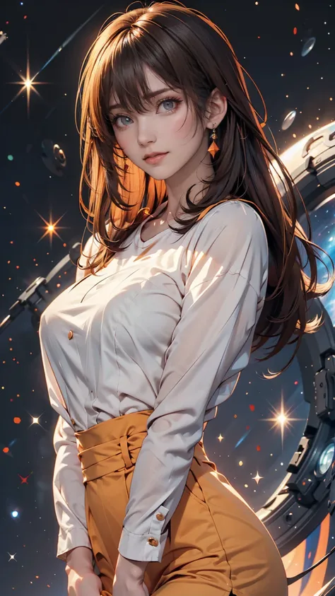  girl,  brown-haired ,  orange eyes, Arms crossed, In the middle of the universe, (( anime style)),  white shirt, Gentle colors,  colorful background,  Space Background Radiation ,  soft strokes