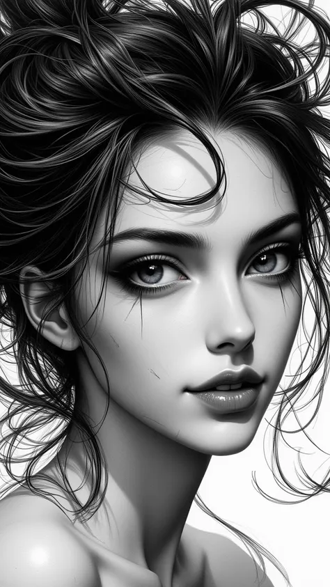 Nistyle  ，  Monochrome Comic Sketch  ，  Extreme Close-up  ，  Deep Woman With Black Hair， Hair fluttering ，  Deadly Gaze Smile  ，  Creepy  ，  Deep Eye Mask  ，  Shadow Eye  ，  ，  Ultra-Fine Comic Sketch  ，帶有grey的顏色，grey的顏色，grey，grey，grey和白色分級。Grayscale， Intr...