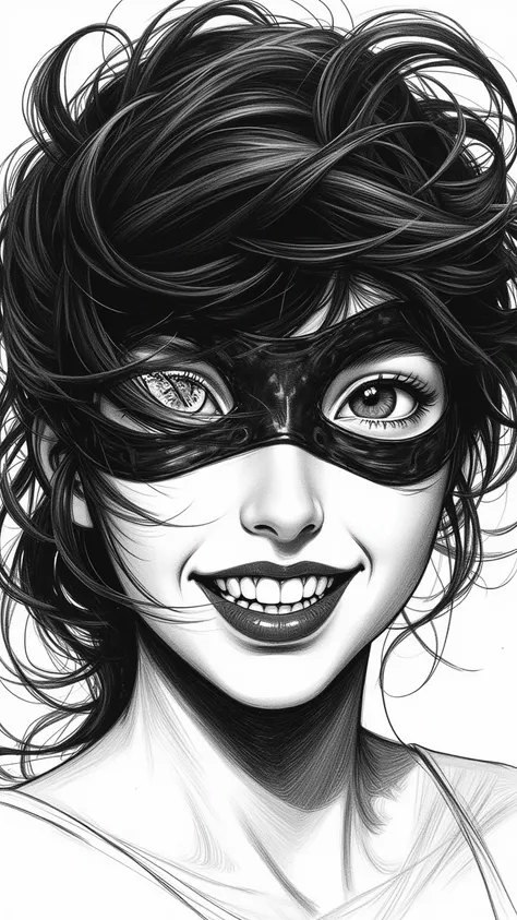 Nistyle  ，  Monochrome Comic Sketch  ，  Extreme Close-up  ，  Deep Woman With Black Hair， Hair fluttering ，  Deadly Gaze Smile  ，  Creepy  ，  Deep Eye Mask  ，  Shadow Eye  ，  ，  Ultra-Fine Comic Sketch  ，帶有grey的顏色，grey的顏色，grey，grey，grey和白色分級。Grayscale， Intr...