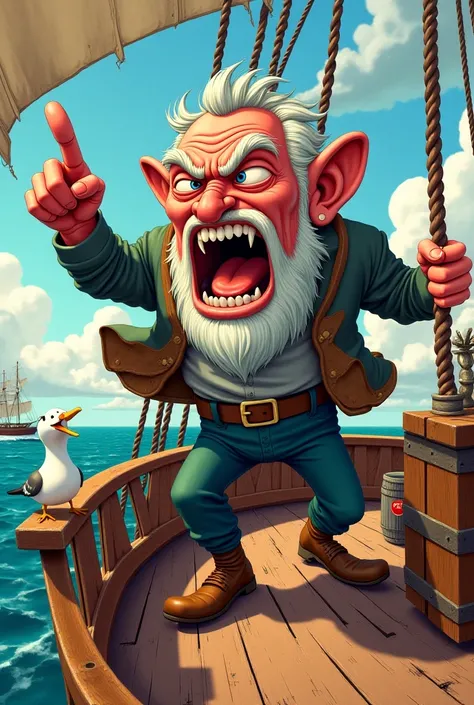 Old man shouting at people from a ship,  cartoon