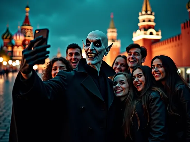 in the style of a high-budget Hollywood blockbuster. Nosferatu, the iconic scary vampire, is taking a selfie with a group of excited fans on Moscow's Red Square at night. The scene features recognizable landmarks like St Basil's Cathedral and the Kremlin w...