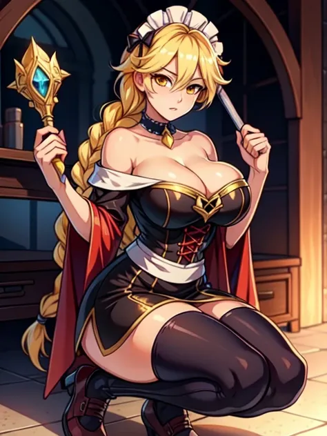 (masterpiece:1.2, best quality:1.2),(Solo:1.2), aether, 1girl, gender swap, female version of Aether, blonde hair, yellow eyes, hair between eyes, long hair, braid, big breasts, off-shoulder maid uniform, cleavage, leather shoes, holding a duster
