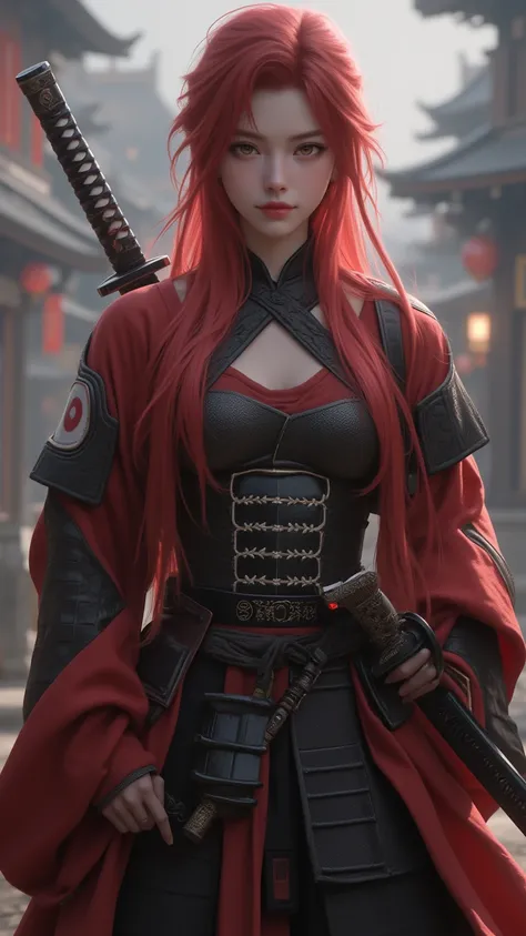  A young female fo[x warrior ，  red-red hair  ， heterochromatic eyes ， Firm eye  ，  A smoky town background after the battle ， wears black and red two-tone old Japanese armor {[x}， Samurai sword with waist  ，  against the background of a smoky town  