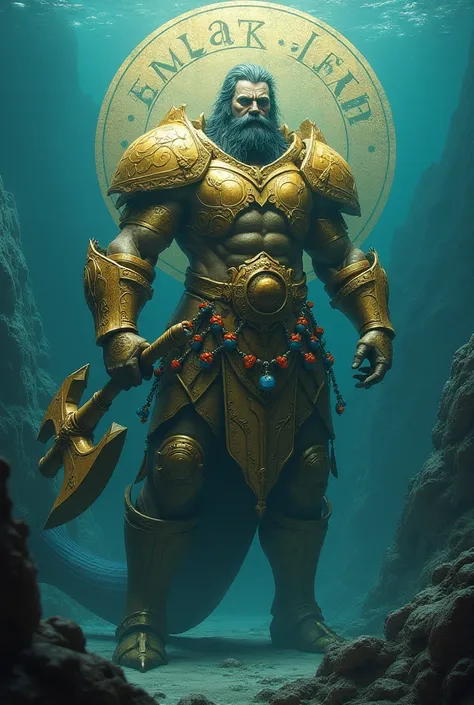 A god of the seas, Leviathan in gold armour holding a giant axe with colored beads. It is under water with submerged pyramids. A circle behind him with Writing : Mizangard  