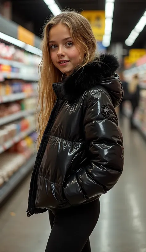 Frontal diagonally photo from side of a sweaty hot wet cute beautiful tanned sunkissed darkblonde dutch spanish italia young posing age femboy wearing shiny black pvc cropped short moncler puffer jacket. Big moncler logo patch, Pvc jacket with fur hood acc...