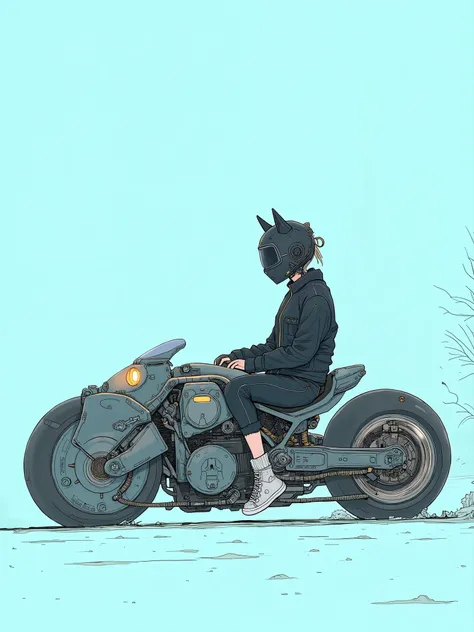 anime draw of a futuristic motorcycle. sleek design and has a large front wheel and a smaller rear wheel.aerodynamic stylish design . Sci-fi conception. the female rider is sitting on the motorcycle with their legs crossed and their arms resting on the sea...