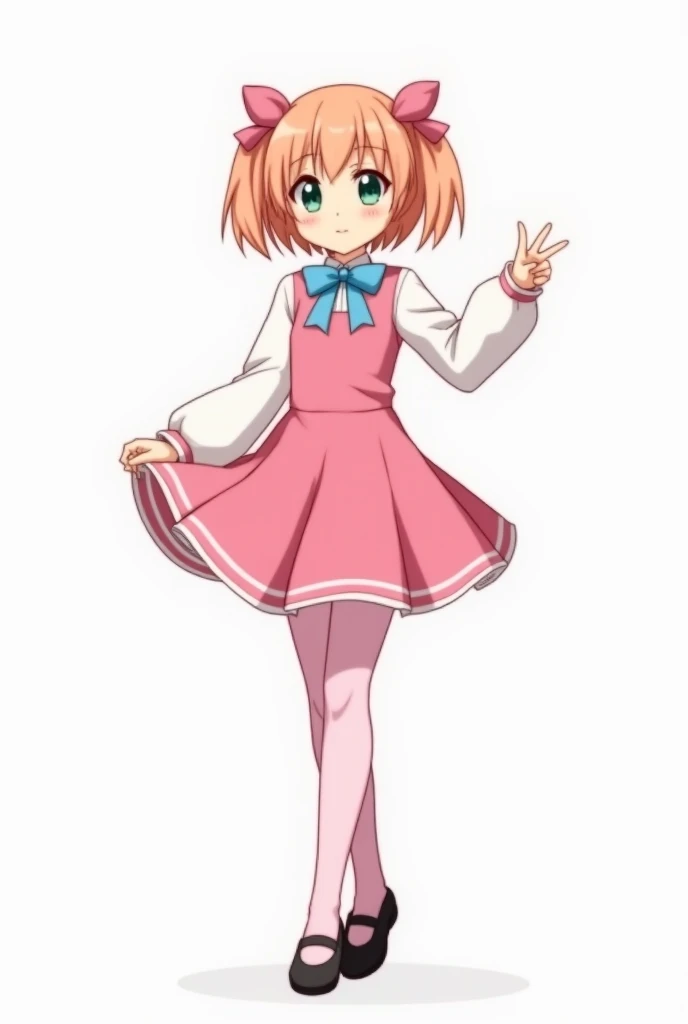 Make a white background image of a virtual anime singer girl. She has peach-orange hair, eyebrows of the same color, and emerald green eyes . She wears a pink long sleeve dress with white lines at the ends of her skirt., It has a long sleeve,  its sleeves ...