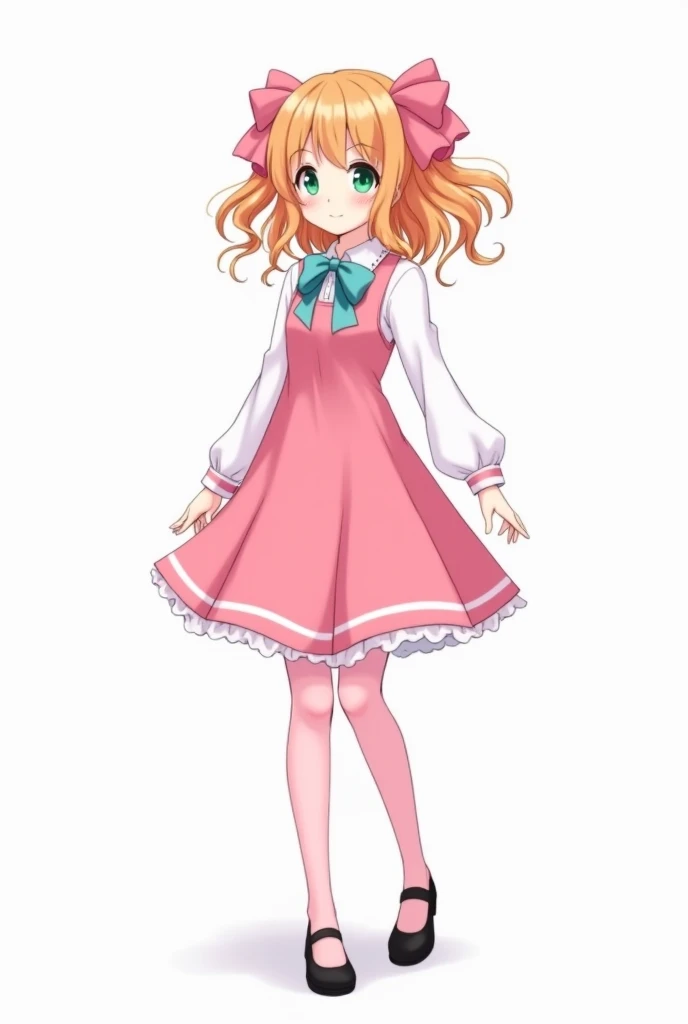 Make a white background image of a virtual anime singer girl. She has peach-orange hair, eyebrows of the same color, and emerald green eyes . She wears a pink long sleeve dress with white lines at the ends of her skirt., It has a long sleeve,  its sleeves ...