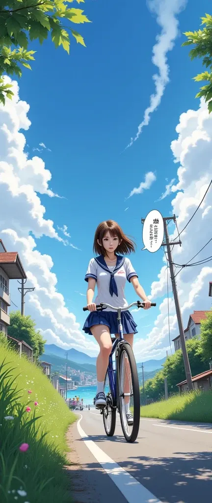 High writing precision, no crushed frames, high precision in the finish of each and every frame, Makoto Shinkai art style, a high school girl in a sailor uniform riding a bicycle up a hill, a summer afternoon, a slope in a port town, the sea is visible, sm...