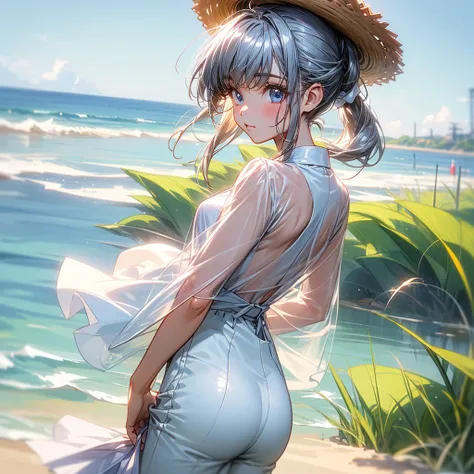 1 girl about 、 short ponytail with silver hair 、 see-through white dress 、Seaside、Pier、 skirt is rolled up、 white pants clearly visible、 small tits、 big ass、A fragile face、Straw hat in hand 、Angle above thigh 