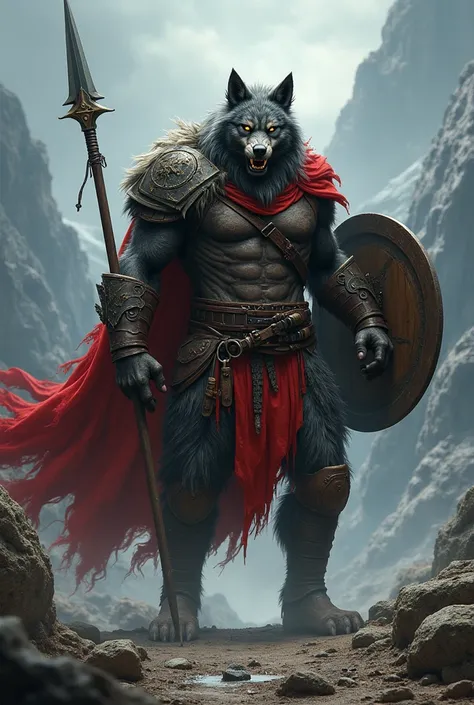 Werewolf warrior with leather armor 
Spear sword in sheath shield and red cape