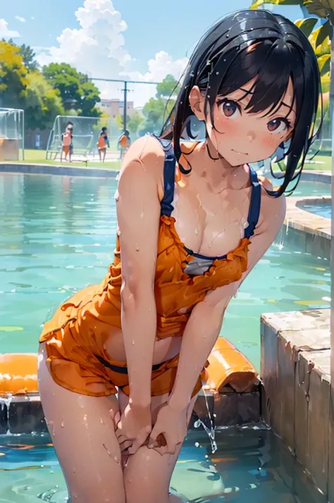 ( soak in lukewarm liquid:1.4),(Orange swimsuit (( Orange Camisole)),Navy blue piping),( navy blue shorts), black hair,(Water play area in the park:1.2),(Pinch your chest with your arms, place your hands on your knees, and lean forward:1.4),Honeycomb, blac...