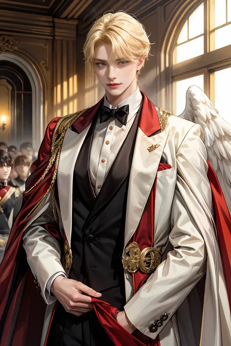 
 Masterpiece, 最 high quality,  high quality,  1 boy,  alone, Male attention,  Staring at the Audience ,  Tousled Blonde,  cute大きな青い目, white, Noble, Noble, Beautiful angel、 tuxedo、 very long red and black cape 。Nice boy with a high collar 。,  VERY LARGE , ...