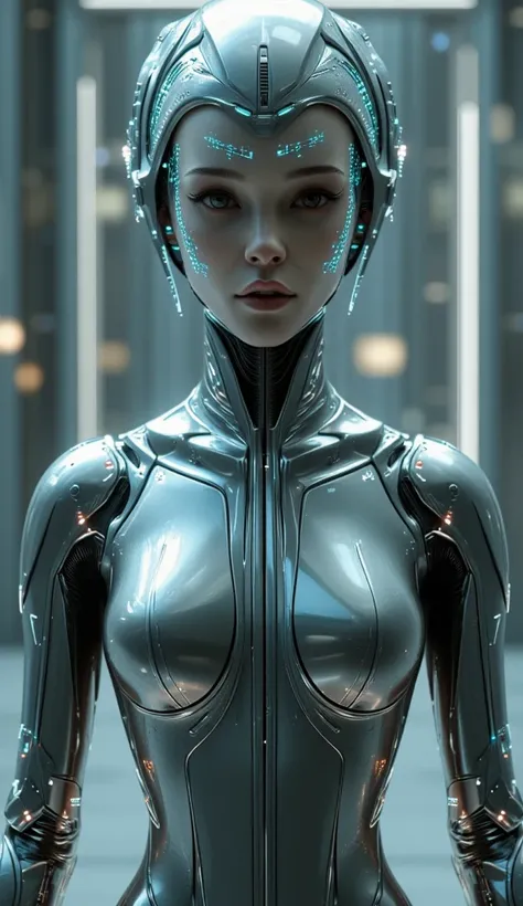 A female android in a futuristic suit that looks almost alive, hypnotic and elegant.