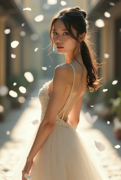 ( Masterpiece:1.2,   high image quality  ,Mirror Polished ,   Movie Experience  , Reality ,  original photo),【8k,16k,wallpaper,  movie lights ,(Depth of Field ),( Exquisite lighting  :1.2),(  Wedding Style :2.0),(  Full back dress ),(  White evening dress ...