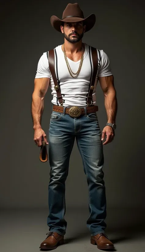  spectacular HDR handsome and muscular man with tight jeans,  strong and muscular legs, large lump, thick belt large buckle , with white t shirt and black stripes ,  gold chain ,  and velvet country hat ,  everything fashionable and well fashioned fair bac...