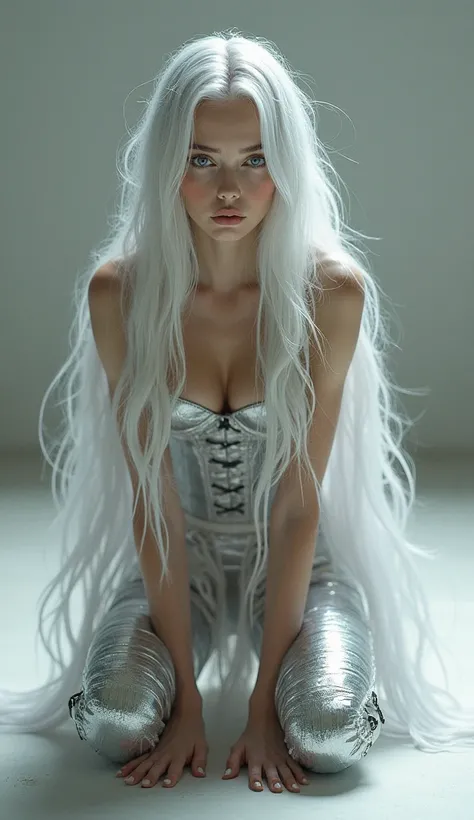 Girl with long white hair 、 silver corset and silver skirt 、 wearing silver thigh boots、 posing crouching on the floor  