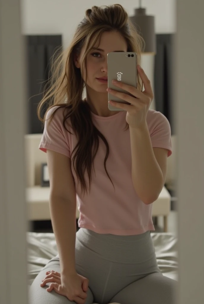 Sitting on bed, silk sheets on bed, in small bedroom, woman's bedroom sexy furnishings, dark drapes, full body selfie, pink t-shirt, grey yoga pants, selfie with iPhone 16 with logo, phone held in front but away from face, hiding face with phone, Hair Bun,...