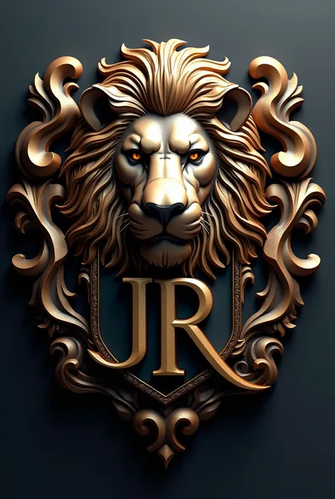 Create a brand logo in 3d using a lion and the letters JR inside a coat of arms with 4k quality