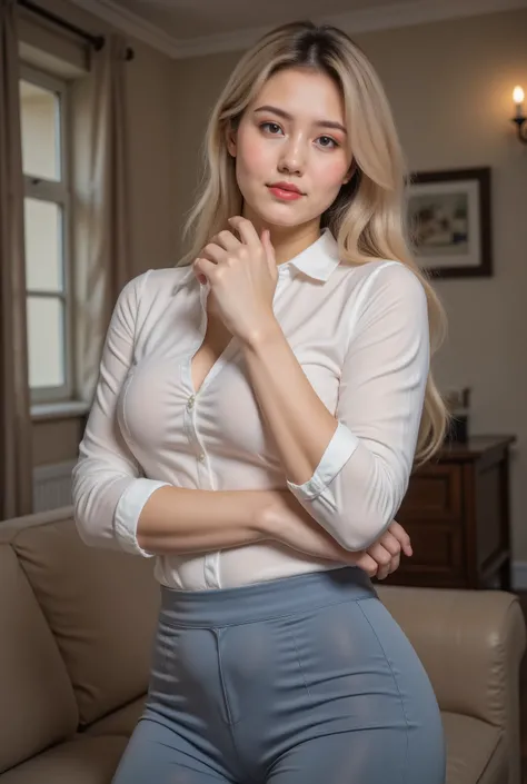  masterpiece, 1 Girl,  alone,  long hair , blond,  Watch,  blush,  Smile,  open mouth ,  blue pants,  white shirt ,  ,   blue eyes ,  huge ass , :d, Looking back, Chest, indoor, From the back,  , [sofa, ,   mature women, , Key Points,