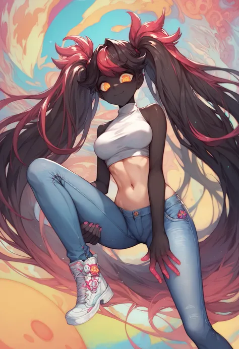 (masterpiece, best quality:1.2), 1 girl, unique, turtleneck woolen sleeveless top, navel, tight jeans, take a step forward, long twintails, glistening swirly golden eyes, f3nn3r, colourful, pink, blue, black, red, trippy, psychotic, psychedelic, losing my ...