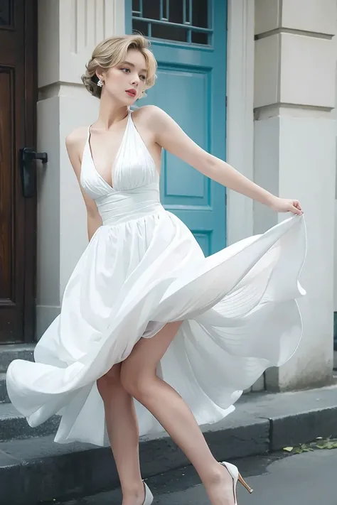 ( Masterpiece), ( top quality),  photos,  one girl, white dress, Marilyn Tugg,  dress 