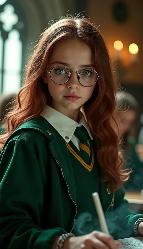 student at Hogwarts, , wine middle hair, lime eyes, young girl , realistic, 4k, magic, she's wearing a Hogwarts Slytherin uniform and glasses