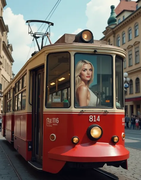 (The world's most beautiful Scandinavian woman is depicted on a tram),
a three-dimensional and realistic picture,
with a city lined with Baroque architecture in the background
