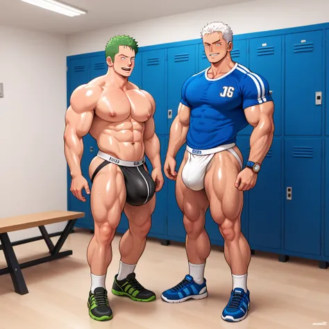 best quality, masterpiece, extremely detailed, Roronoa Zoro from One Piece, Roronoa Zoro as a mindless brainwashed muscular bodybuilder man standing in a locker room in line with two other muscular men being brainwashed, rugged windswept hair, sweaty, glis...