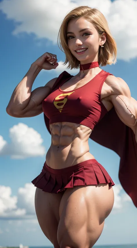 (Muscular:2), (thick thighs:2),
(blonde female:1.3), supergirl, (big smile:1.4), (android 18 haircut),
earrings, lipstick, eyeshadow,
(hard nipples:1.2),
(small red cape:1.3), (pleated skirt:1.6), (blue tanktop, midriff:1.2), choker,
(looking at viewer:1.6...