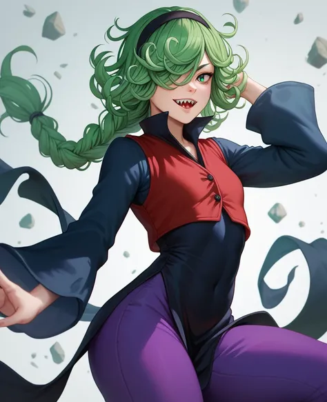 colettedef, sharp teeth, hair over one eye, black hairband, blue shirt, long sleeves, sleeves past fingers, red vest, purple pants, 1girl, tatsumaki, green hair, green eyes, black dress, short hair, curly hair, thighs, looking at viewer,mei mei, long hair,...