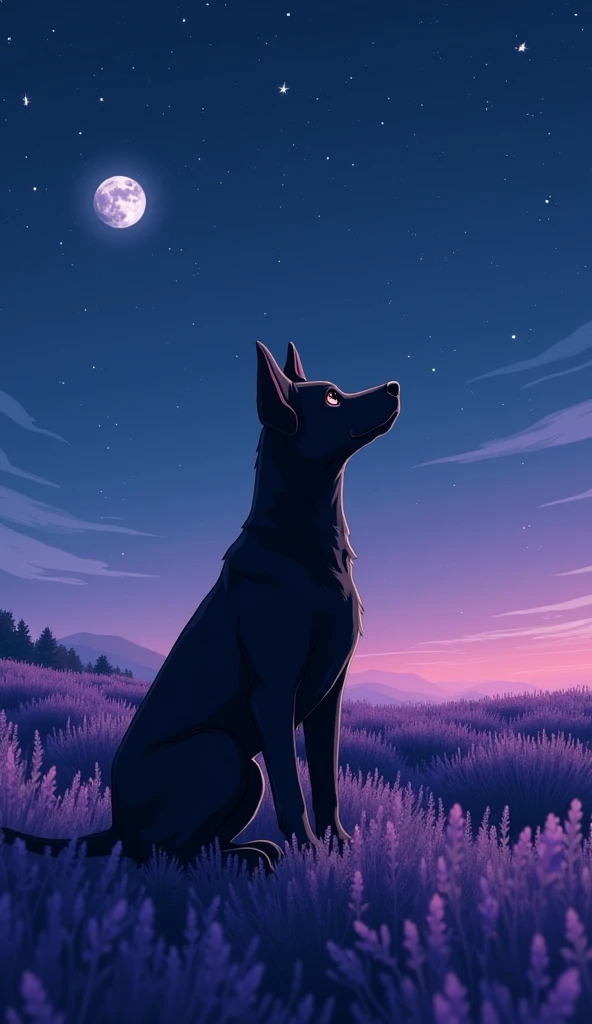 a black dog, With anime style ,  sitting quietly in a lavender field , with the vibrant lavender color in the background .  The dog is looking up at the night sky , starry and deep ,  maybe with a waxing moon or even visible constellations.