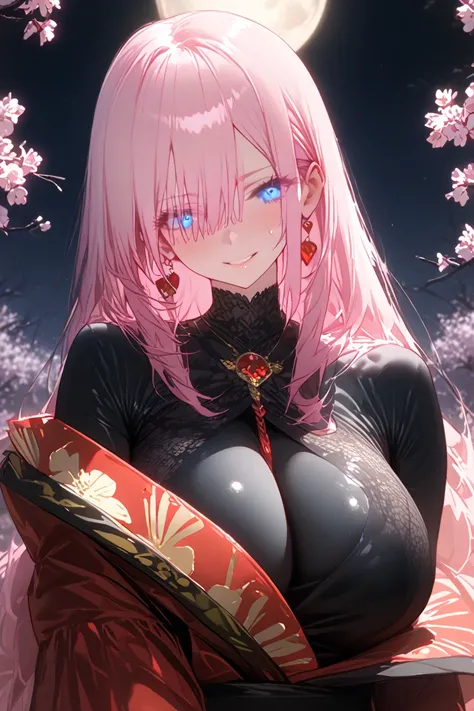 Shikomori pink hair, blue eyes, Long straight hair  glowing eyes,  High resolution,  big breasts, Big cleavage, sweating, She is wearing An elegant red  kimono with very detailed and beautiful blue accessories in a field of cherry flowers trees with dim li...