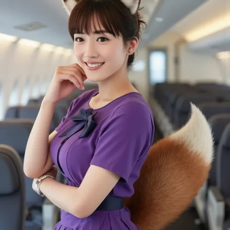 ((  top quality , 8k)), (( Juliet's sleeve 1 brown haired girl)), ((  photorealistic)), (Masterpiece),  perfect face , ((Woman with fox ears )), ((That woman has a tail )), foxgirl, (Her tail is big  ), ( That beautiful woman is smiling),  she's a flight a...