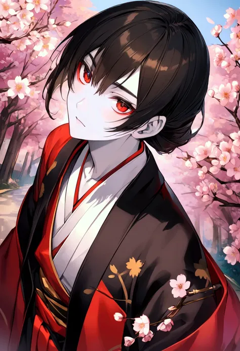 2D resolution 17-year-old man white skin black hair red eyes with Asian-style hairstyle dressed in Japanese-style uniform under cherry blossoms 