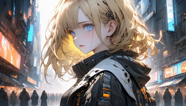 A young woman stands alone, holding the cold air with a pensive look, feeling both anxiety and strength. An atmosphere of quiet reflection and hope hangs over her. There is a look of determination on her face. Cyberpunk. Soft and delicate shading gives a s...