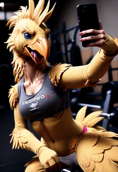 best quality, 1girl, 8k, masterpiece, UHD, closeup, full body view, (photorealistic, selfie,, GoPro real life:2), (partially human woman in the process of morphing into an anthro plushie chocobo hybrid while drinking gysahl flavored energy drink:1.5), (at ...