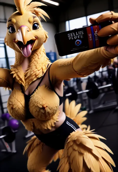 best quality, 1girl, 8k, masterpiece, UHD, closeup, full body view, (photorealistic, selfie,, GoPro real life:2), (partially human woman in the process of morphing into an anthro plushie chocobo hybrid while drinking gysahl flavored energy drink:1.5), (at ...