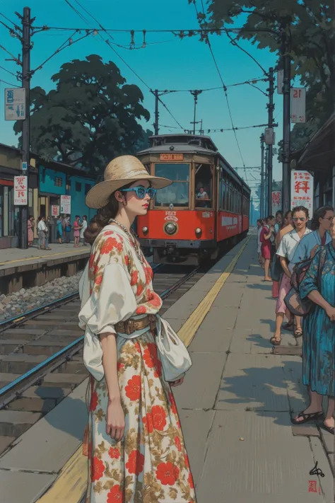   Kubrick movie inspired photo ,  movie stills,長閑な station platform outside the white lineでポーズをとる女性, floral dress, straw hats,light blue sunglasses , naive art  ,  station platform outside the white lineで待つ日本人モデル ,Detailed Gouache Paintings ,Dusk Scenery  ...