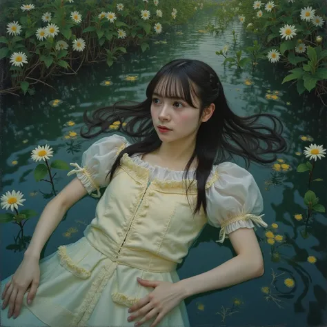 A serene scene of a young woman floating in a river surrounded by lush greenery and blooming flowers. Her delicate face is framed by her flowing hair, and her hands are gently resting on the water's surface. The painting captures the tragic beauty and ethe...