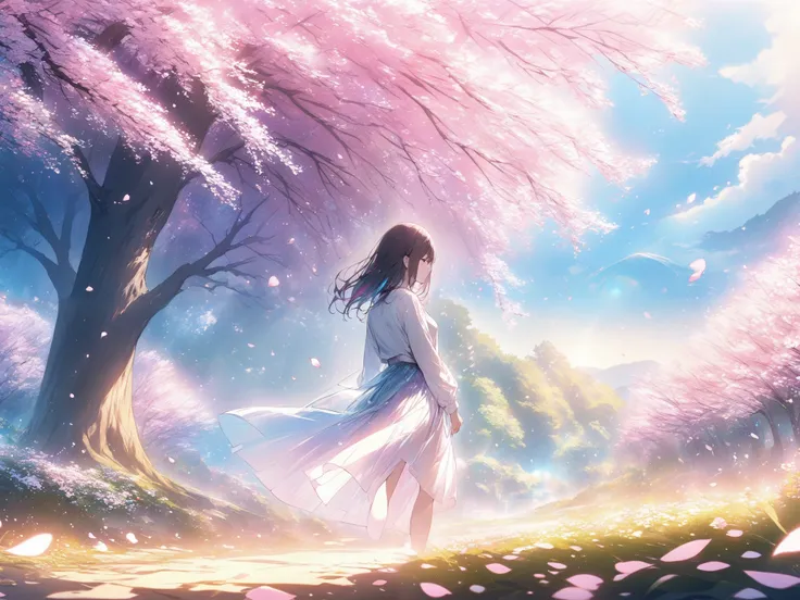 masterpiece, very detailed, High Quality , won many awards , is anatomically correct, 1 girl , Full body portrait、medium haired,profile、On a clear spring afternoon , a girl standing under a cherry tree looked back. Her body gradually turned into cher...