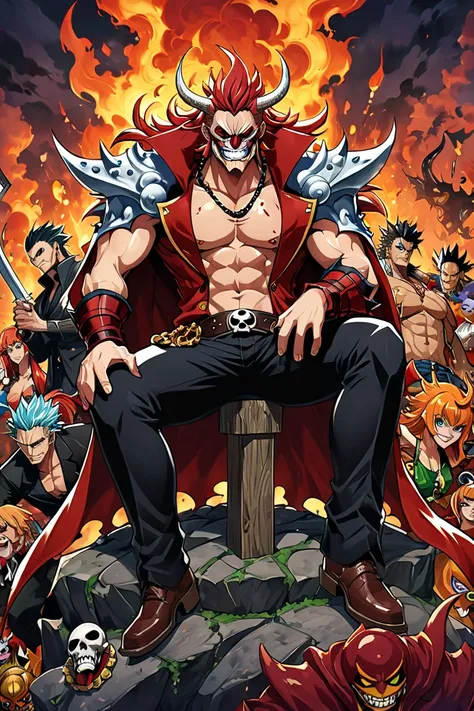 Eustass  Anime One Piece, a group of people riding on top of a horse, league of legends art, villain Eustass  Anime One Piece wearing a red oni mask, brook, loundraw, sit - com, inspired by Bartolomeo Vivarini, mafia background hyper detailed, the three mo...