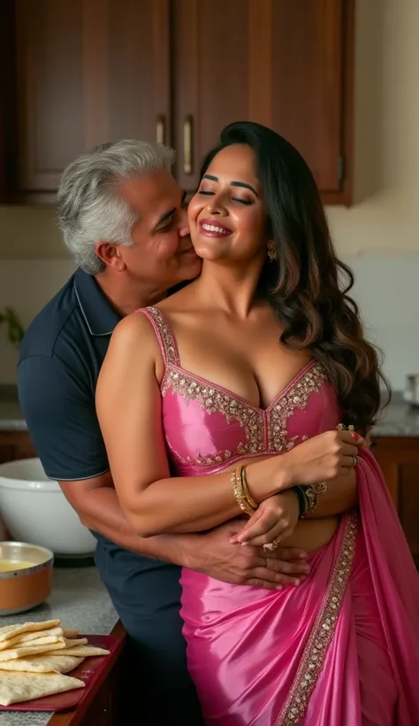 Full body image, side view Full body image, indian hourglass body, Indian medium plus sized 25 year old Telugu bride syamala making roti in kitchen, lovely face, mouth slightly open,, suductive smile, partially closed eyes, large swooping breasts, she lean...