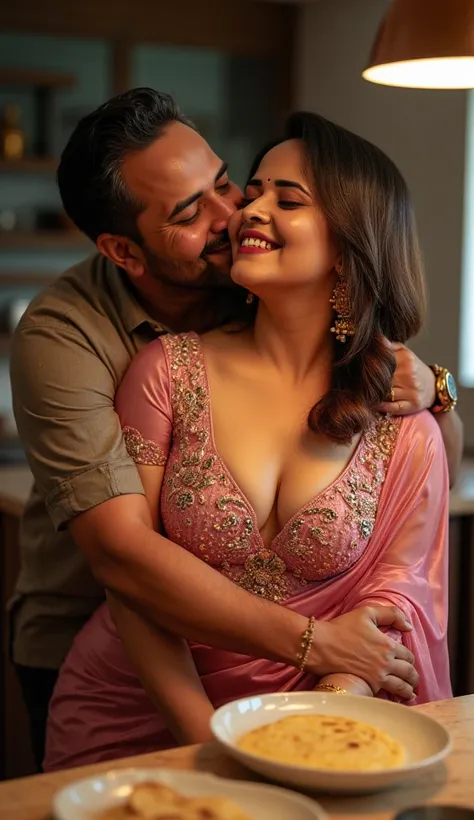 Full body image, side view Full body image, indian hourglass body, Indian medium plus sized 25 year old Telugu bride syamala making roti in kitchen, lovely face, mouth slightly open,, suductive smile, partially closed eyes, large swooping breasts, she lean...