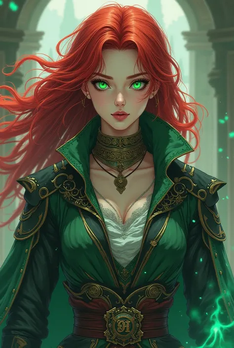 Create an anime cation-style image of a powerful woman,  a White-skinned witch ,  red hair,  bright green eyes , Antique warrior wizard costumes, and exuding power 