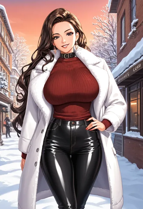 score_9, score_8, score_7, score_6,   source  _    animated, 1mature_FE, 1 woman, dark ebony leather ,   smile,  dark brown hair ,   Very long hair,   shiny black eyes ,  black collar sweater ,  red winter coat,  black leather pants ,  big breasts,  city a...