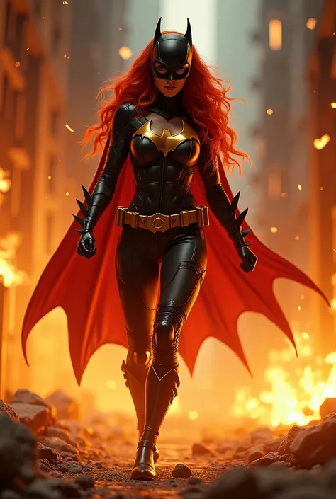 Batgirl, very long red hair, burning building, walking through flames, burning room background, sexy, seductive, high detail, masterpiece.