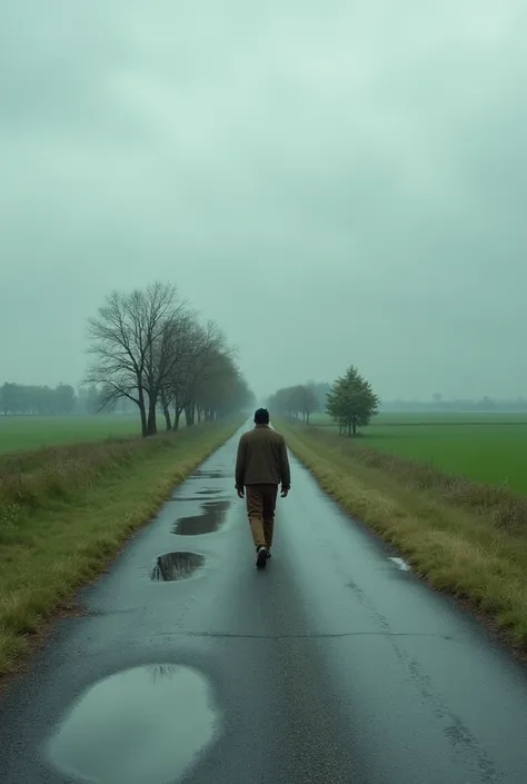  A man walks alone on a long and deserted rural road, surrounded by green fields that extend to the distant horizon. . The sky is covered with gray clouds, adding an atmosphere of reflection and calm to the scene. .  The man looks tired but determined to c...